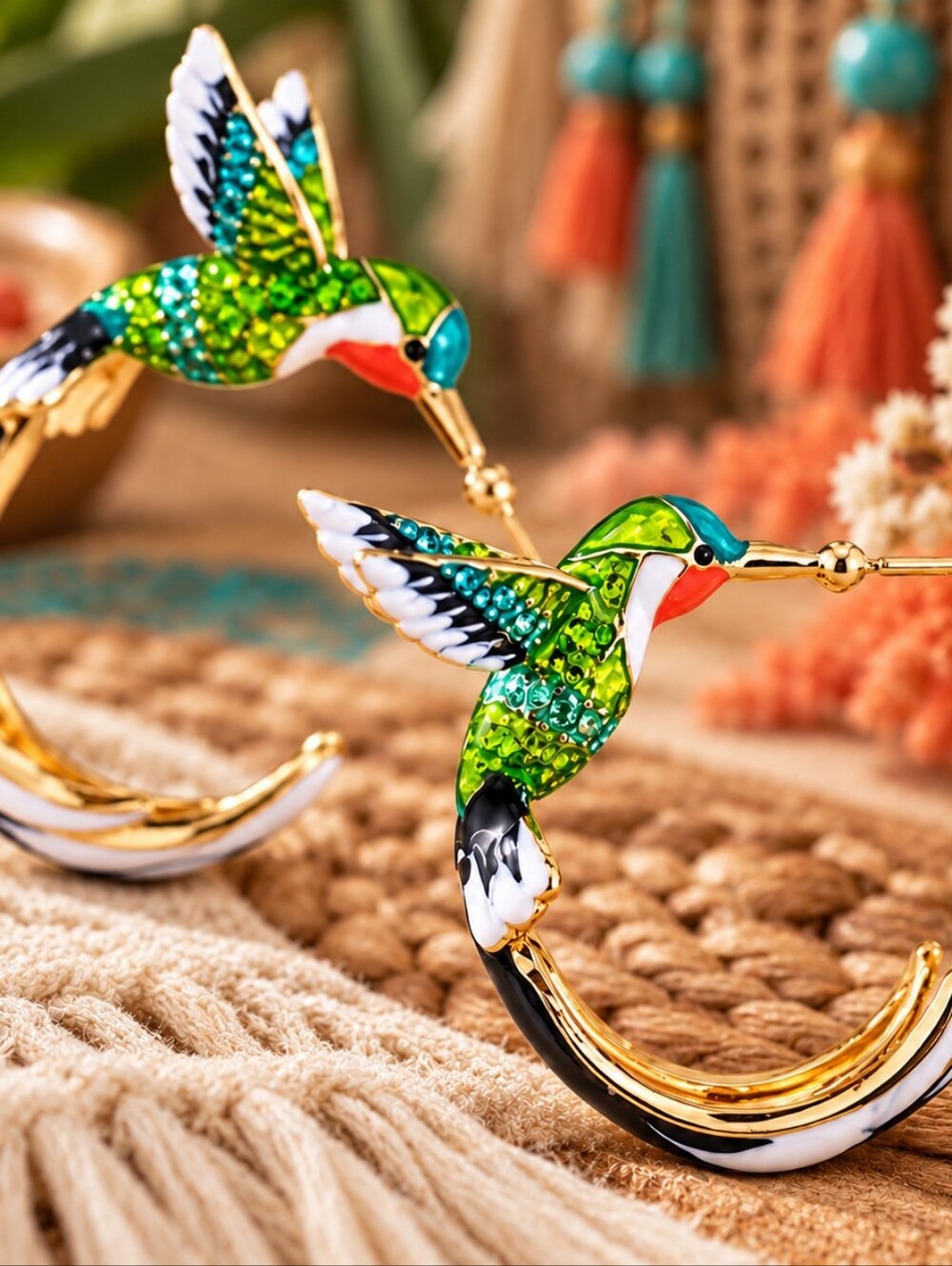ANTHROPOLOGIE DAINTY HUMMINGBIRDS IN FLIGHT ENAMEL EARRINGS